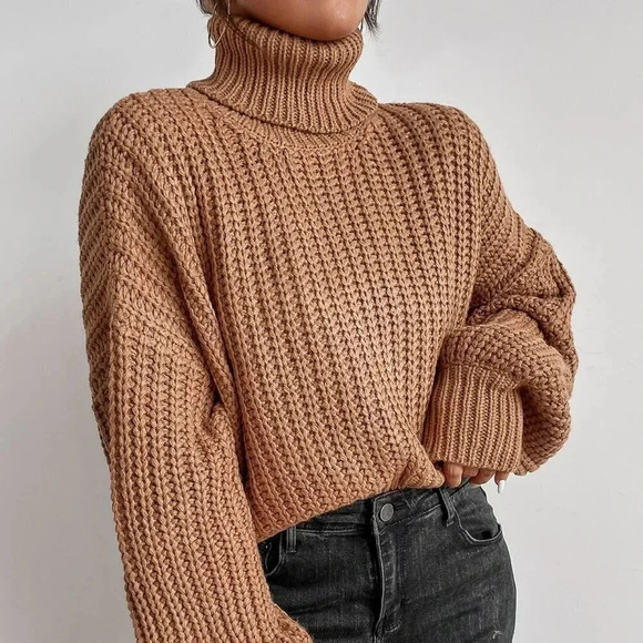 Mocha Brown Casual Womens Turtleneck Drop Shoulder Ribbed Knit Sweater - Picture 2 of 5